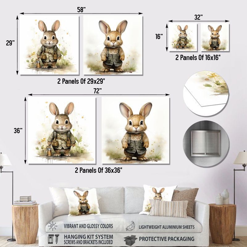 «Delight Plump Nursery Rabbit Portrait I», ensemble de 2 reproductions d'art murales en métal, H 36 po x l 72 po