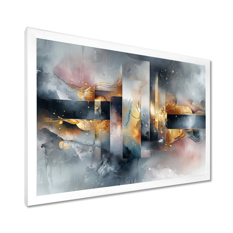 «Geometric Ink Pulse III - Constructivism», art mural, Cadre simple, H 12 po x l 20 po, Blanc