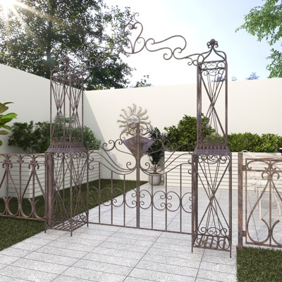 Bronze Metal Scroll Indoor Outdoor Arched Gate Indoor Outdoor Garden Arbor with Pillars and Latch Lock Closure, 78" x 14" x 94"