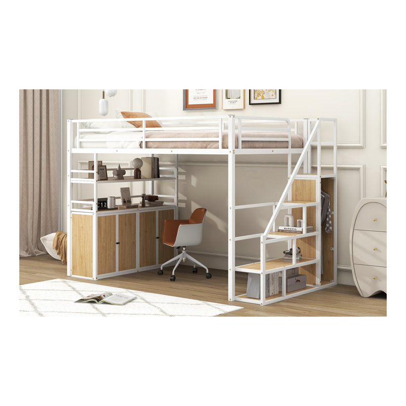 Lit mezzanine double en métal avec escalier de rangement et garde-robe, tablettes et casiers, blanc