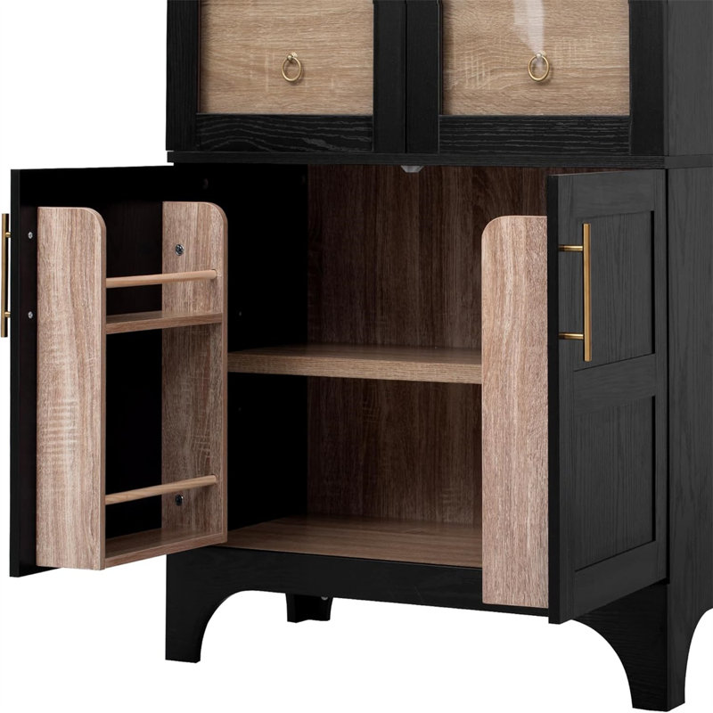 Armoire de cuisine, armoire de rangement arquée de 71 po de hauteur avec porte vitrée, armoires de rangement en bois de style campagnard, tablettes réglables, armoire à tiroirs dissimulée et polyvalente pour la cuisine (NOIR)