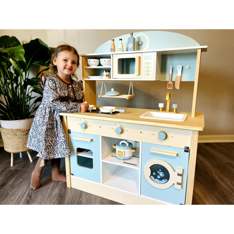 Solid Wood Play Kitchen & Accessories Set, Preschool Kitchen Set, Kids Kitchen Playset, Blue/Beige