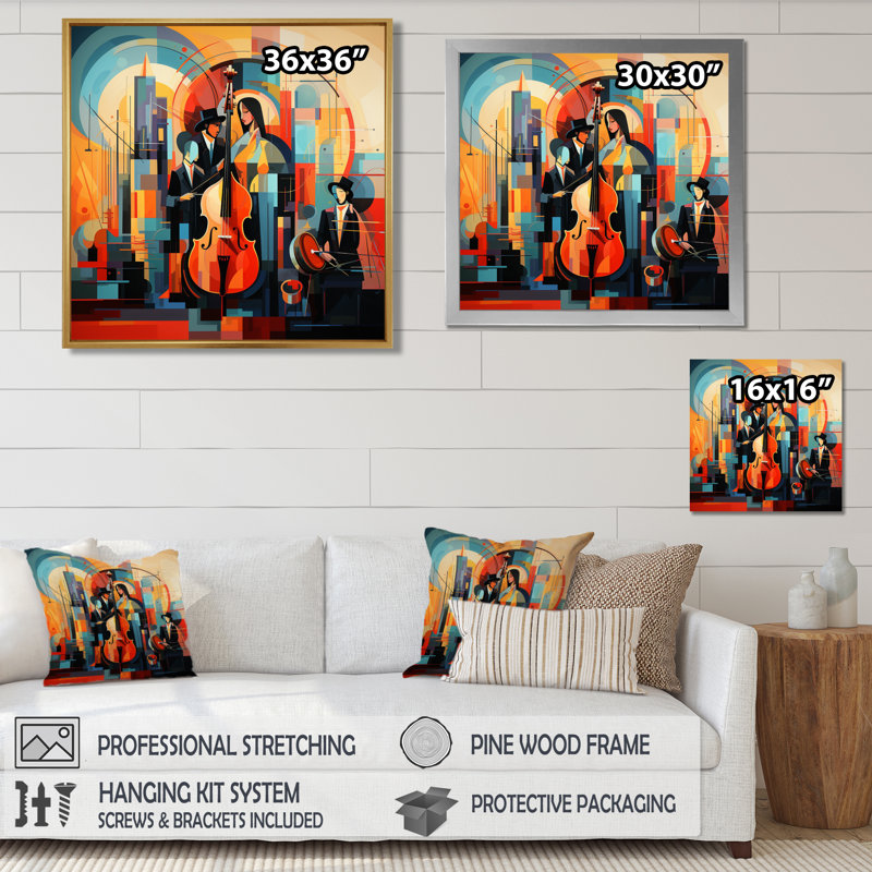 «Geometric Blues Band Double Bass - Musician Wall Art Decor», Toile tendue, H 16 po x l 16 po x P 1 po