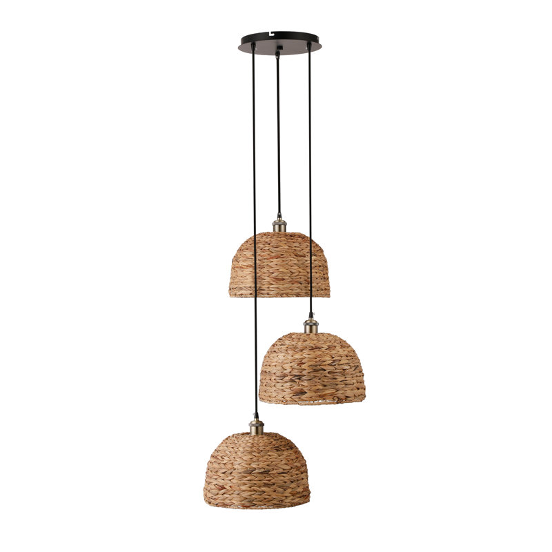Luminaire suspendu rustique noir 3 lumières avec abat-jour en rotin naturel