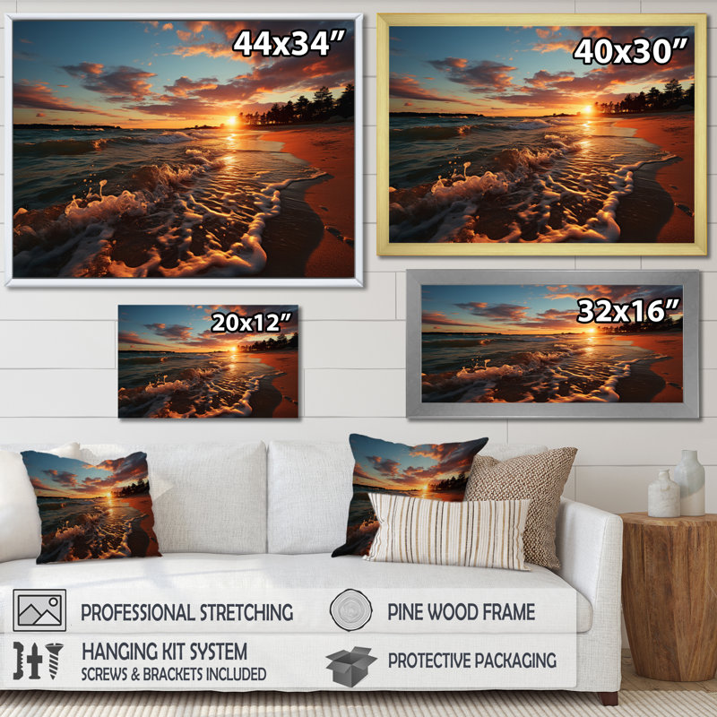 Coastal Serenity At Sunset II - paysages, impressions sur toile, H 34 po x l 44 po x P 1,5 po, Cadre naturel flottant