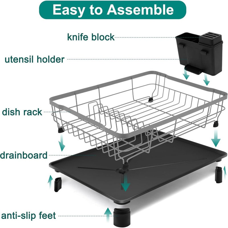 Gray Metal 2-Tier Dish Drying Rack with Utensil Holder