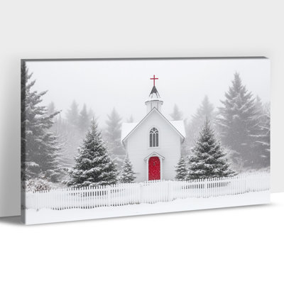 Abiel – Snowy Church Winter Scene Canvas Prints, Red Door Painting, Holiday Wall Artwork, Vintage Christmas Decor, Poster, Picture Prints for Home, 12×16 Inches