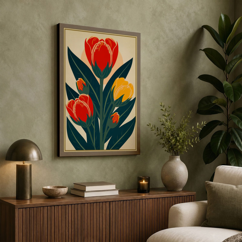Tulip Triptych Art Deco - Wrapped Canvas, 36x24 - 91.4 x 61.0 cm, Ochre Border