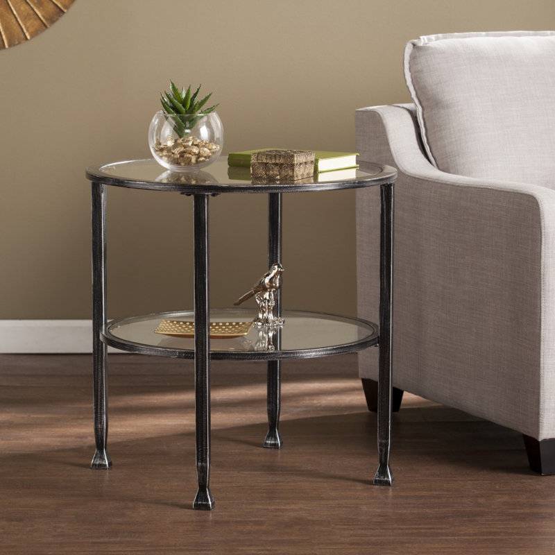 Table de bout ronde 24 po en fer et verre noir