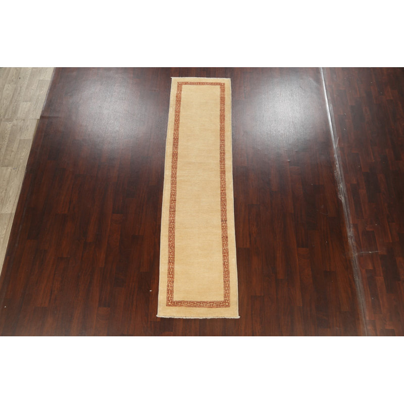 Tapis de couloir beige en laine noué à la main de conception unique 2 pi 8 po x 10 pi 2 po New Age
