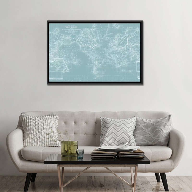 « world map on aqua », impression sur toile, H 18 po x l 26 po x P 1,5 po, Toile avec cadre noir, Pas de tapis