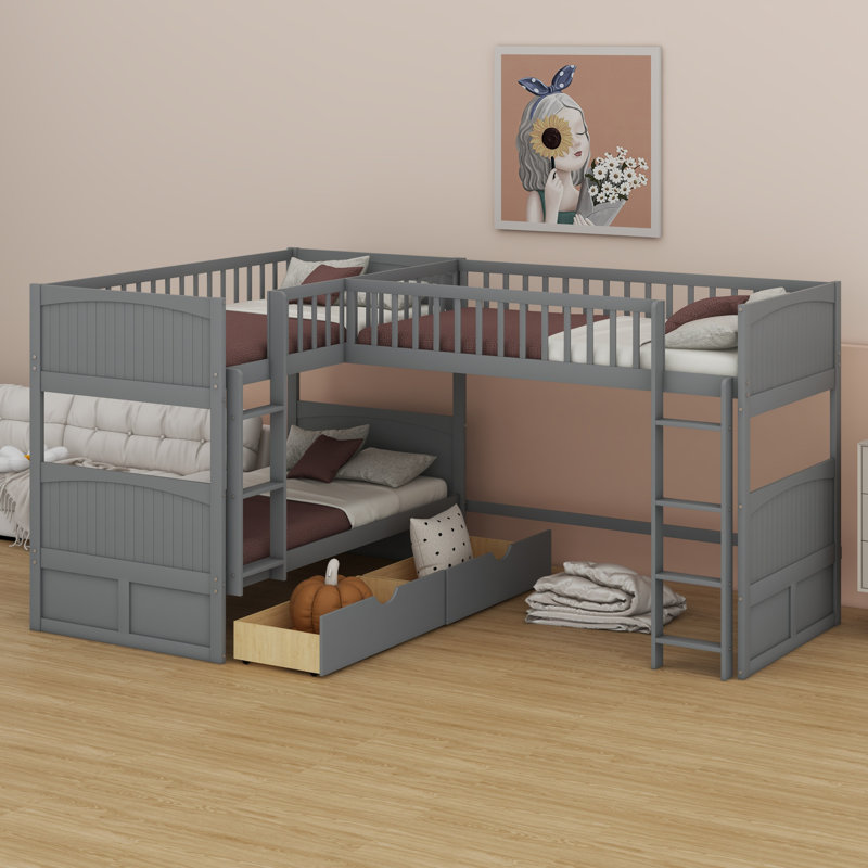 Lit superposé avec lit mezzanine attaché, avec deux tiroirs, Gris