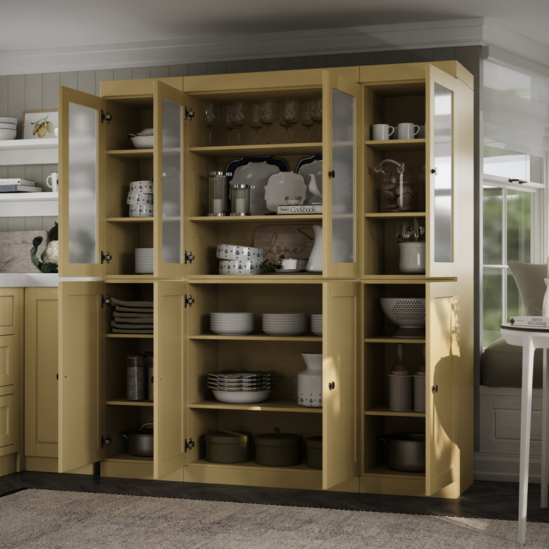Armoire de cuisine 100% en bois massif, grand rangement modulaire autoportant avec portes en verre givré et shaker, tablettes réglables, l 65 po x H 71,5 po
