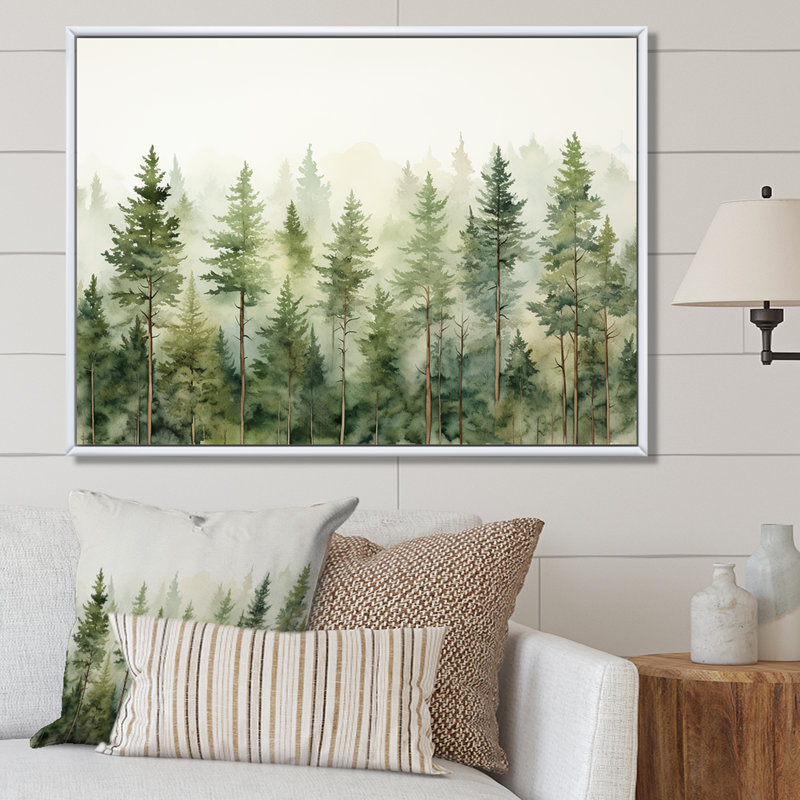 «Pine Trees Minimalisme Dream» - Art sur toile, H 34 po x l 44 po x P 1,5 po, Cadre flottant blanc
