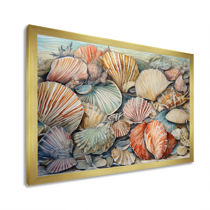 Seaside Seashells IV sur toile, H 12 po x l 20 po x P 1 po, Encadrement doré