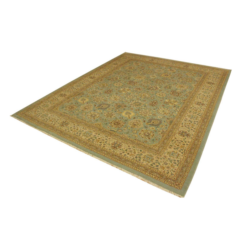 Tapis beige / bleu en laine noué à la main 9 pi 2 po x 11 pi 11 po Abagail