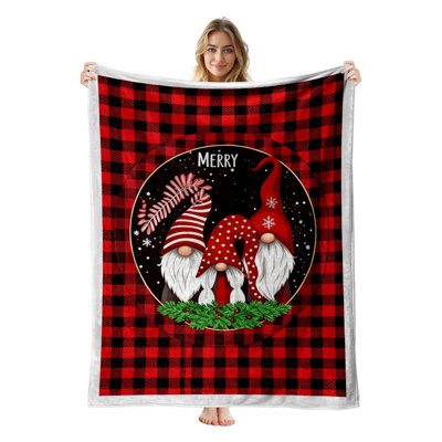 Plaid de Noël en flanelle polaire JYK, léger, respirant, doux et chaud en microfibre pelucheuse, 76 x 102 cm, motif à carreaux gnomes.