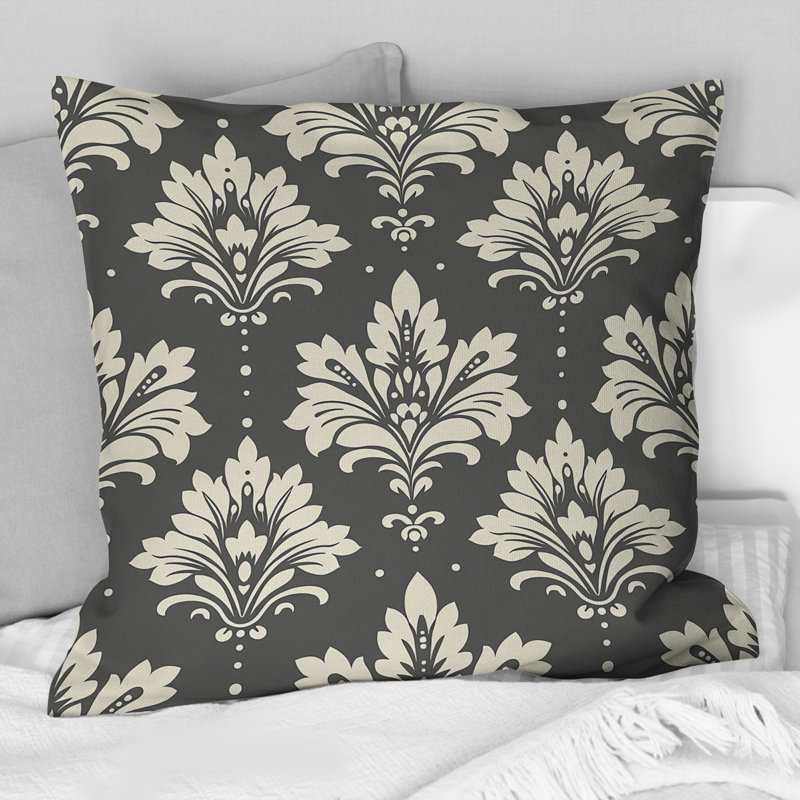 Imprimé damassé traditionnel gris et blanc III - Coussin décoratif traditionnel, H 16 po x l 16 po