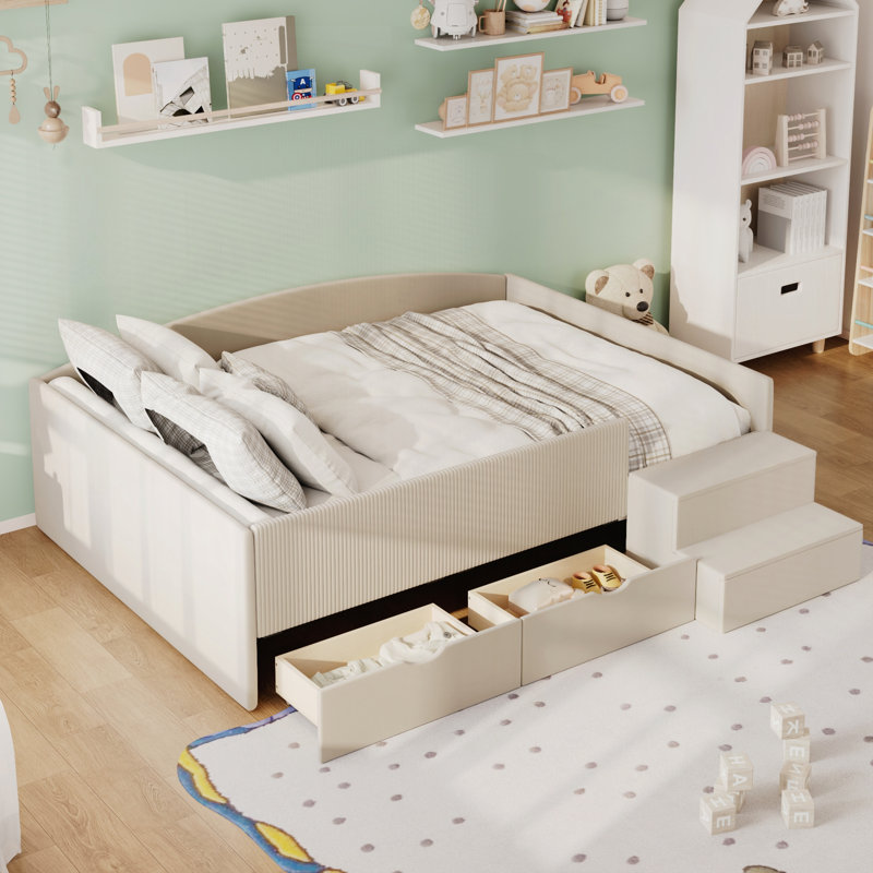 Structure de lit de jour rembourrée avec 2 tiroirs de rangement, Double, Beige