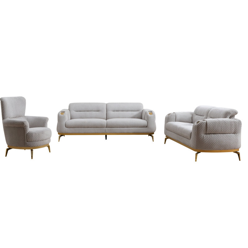 Ensemble de salon 3 pièces gris avec accoudoirs et pieds décoratifs dorés, revêtement lombaire doux, design moderne, fermeté moyenne ferme, dossier rembourré, accoudoirs roulés pour la zone principale
