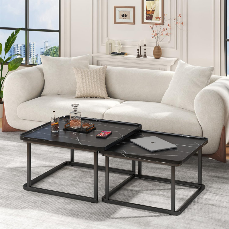 Set of 2 Square Nesting Coffee Tables (60 cm + 50 cm), Small Fluted Square Coffee Tables, Modern Center Table, Black