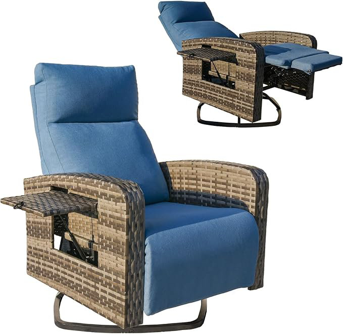 Outdoor 360° Swivel Rattan Recliner Chair, Blue, Gray Brown