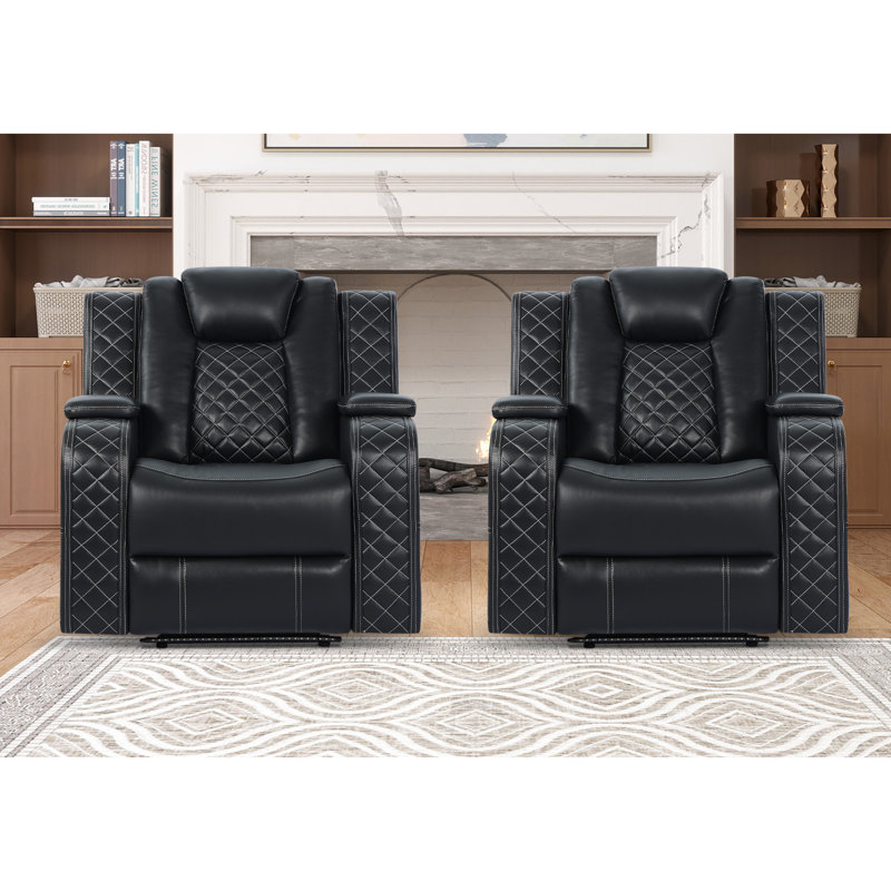Davarious 37.8" Wide Modern Multifunctional Vegan Leather Dual Motor Power Recliner with Cup Holder (Set of 2), Black