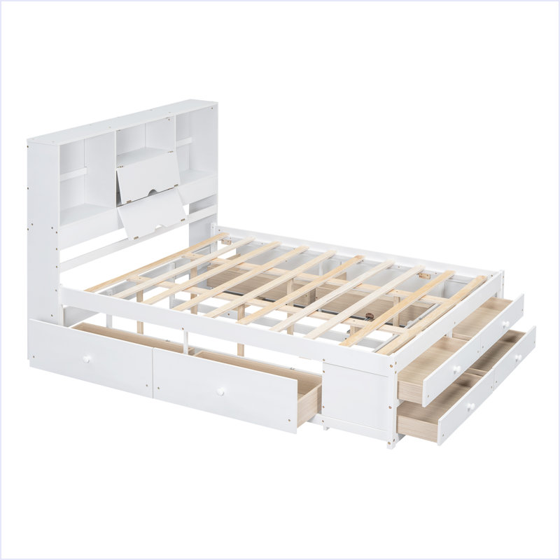 Lit plateforme avec tête de lit avec rangement et 8 tiroirs, Blanc / Blanc, Grand lit