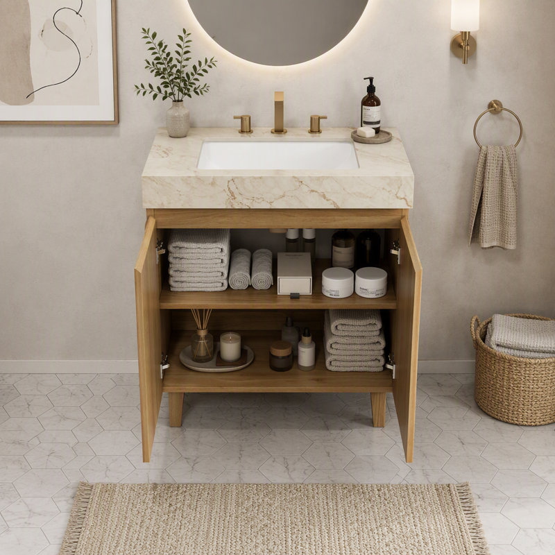 Meuble-lavabo autoportant de 76 cm (30 pouces) avec dessus en pierre frittée couleur crème veinée or, lavabo en céramique et trois trous prépercés pour robinetterie.