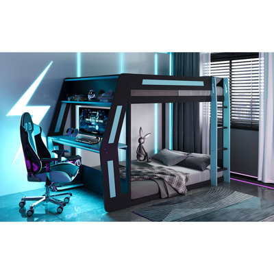 Lit superposé double pleine grandeur avec bureau RVB surdimensionné monté sur le côté, ports de charge USB et œillet pour câble, bande lumineuse à DEL, structure Loft Esports robuste - bleu froid