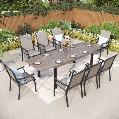 Rectangle Outdoor Patio Dining Set Wooden-look Expandable Heavy Duty Metal Table With Sling Chairs