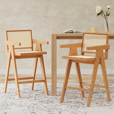27 po, tabouret de bar minimaliste moderne avec siège canne, structure en bois, finition naturelle