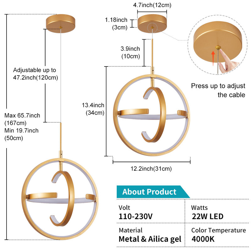 Jamarris Modern LED Chandelier, Pendant Light Adjustable Height & Dimmable, 3 Ring 22W 4000K Chandeliers, Gold