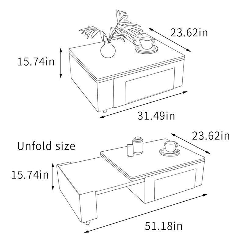 Table basse extensible cachée avec roulettes silencieuses, H 15,74 po x L 31,49 po x l 23,62 po, Blanc/Noir, Noir / Beige
