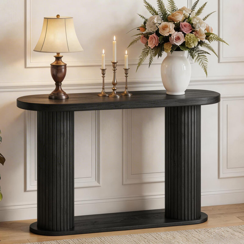 Console ovale cannelée 42,5 po - Table d'entrée étroite avec tablette de rangement, canapé moderne pour le couloir, le vestibule et le canapé derrière, noir