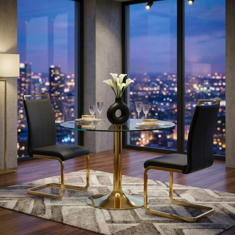 Amari 3-Piece Modern Round Tempered Glass Dining Set with Metal Pedestal and Cantilever Chairs, Black, Gold