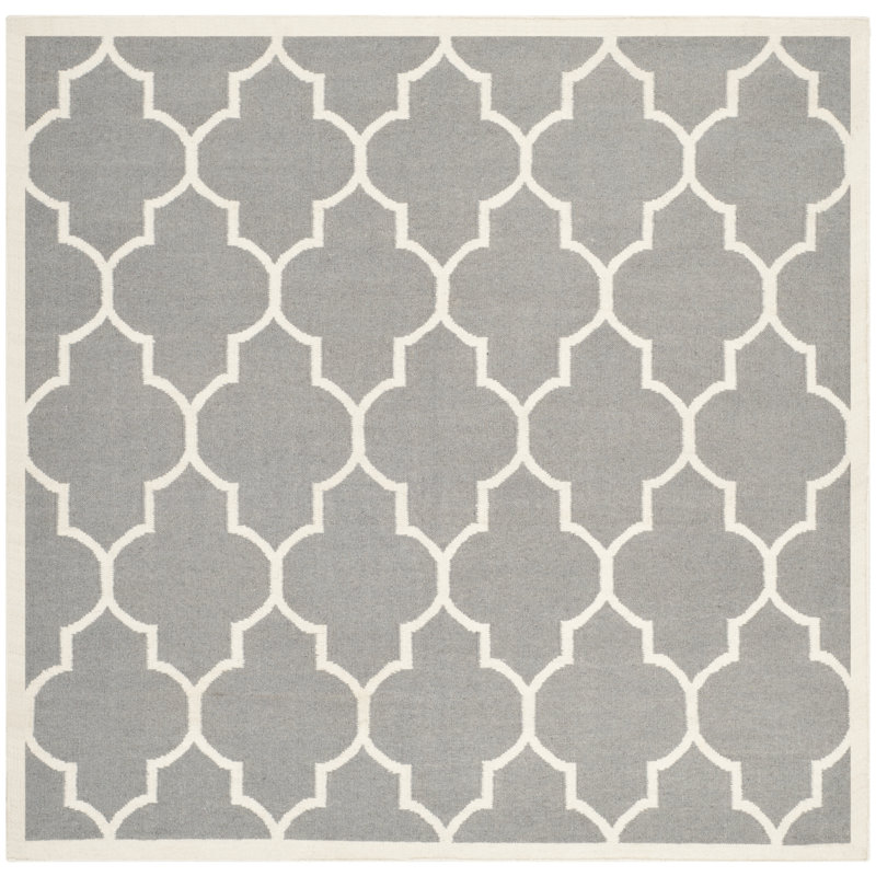 Rodgers Hand Woven Flat Weave Wool/Cotton Geometric Rug in Ivory/Gray, Square 6'