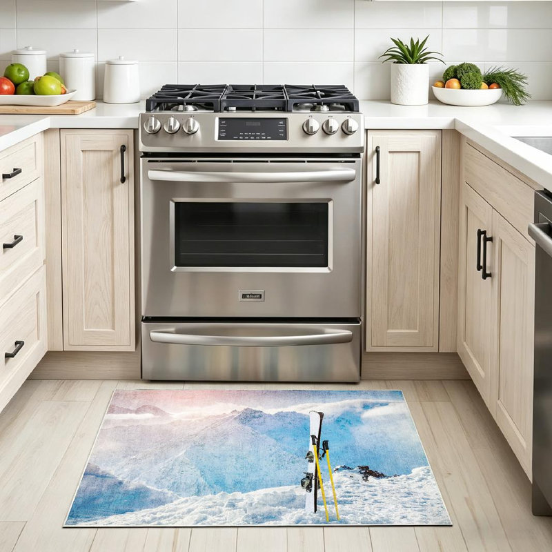 Tapis blanc lavable à la machine, hiver, montagne et neige, Rectangle 32" x 47"