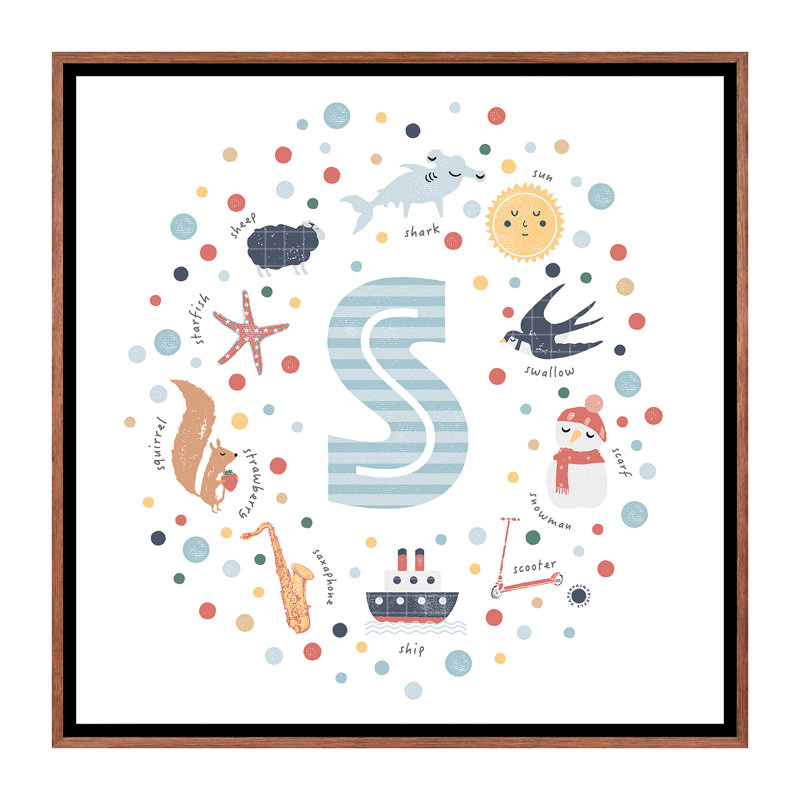 Lettre illustrée bleue - reproduction, Toile avec cadre brun, Pas de tapis, H 18 po x l 18 po x 1,5 po