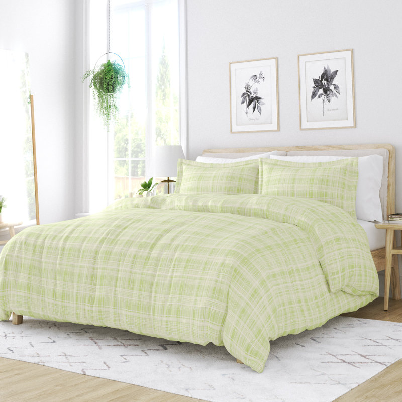 Moss Green and White Plaid Queen Duvet Cover Set