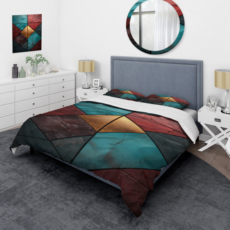Carreaux de chevron bleu et rouge Elegance I - Ensemble de housse de couette à carreaux abstraits