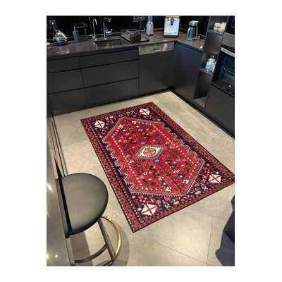 Tapis décoratif traditionnel rouge tissé à motif de losanges de couleur rouge lavable à la machine