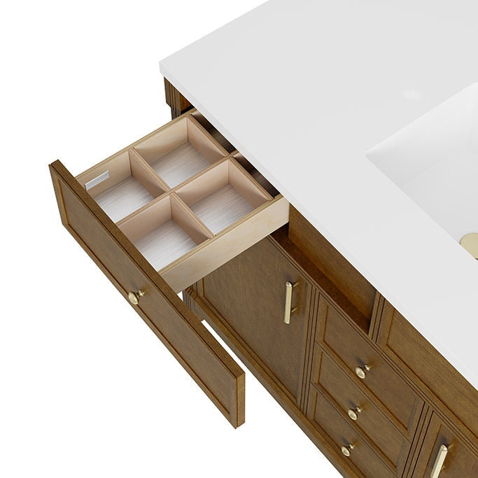 Bellshire 120" W Dual Vanity Set with 24" Make-Up Counter, Honey Oak, Single Faucet, White Zeus