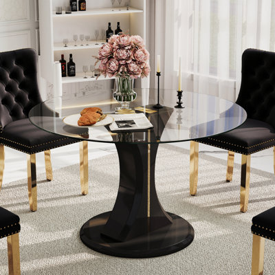 Table de salle à manger sur pied ronde en verre trempé de 47,2 po, table de salle à manger en verre transparent avec base stable pour la salle à manger, le coin-repas et le bureau personnel