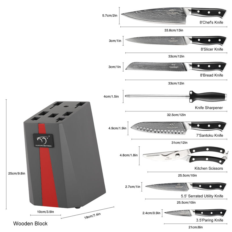 Ensemble de couteaux, ensemble de couteaux de cuisine 9 pièces avec bloc Damas, poignée ergonomique en ABS pour ensemble de couteaux de chef, affûteur et ciseaux de cuisine, ensemble de couteaux