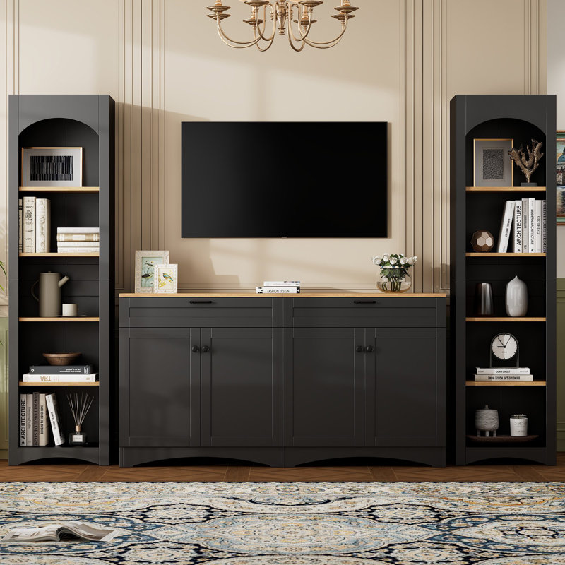 3-Piece Mid-Century Storage Cabinet Set With Bookshelf And Adjustable Shelves, Black