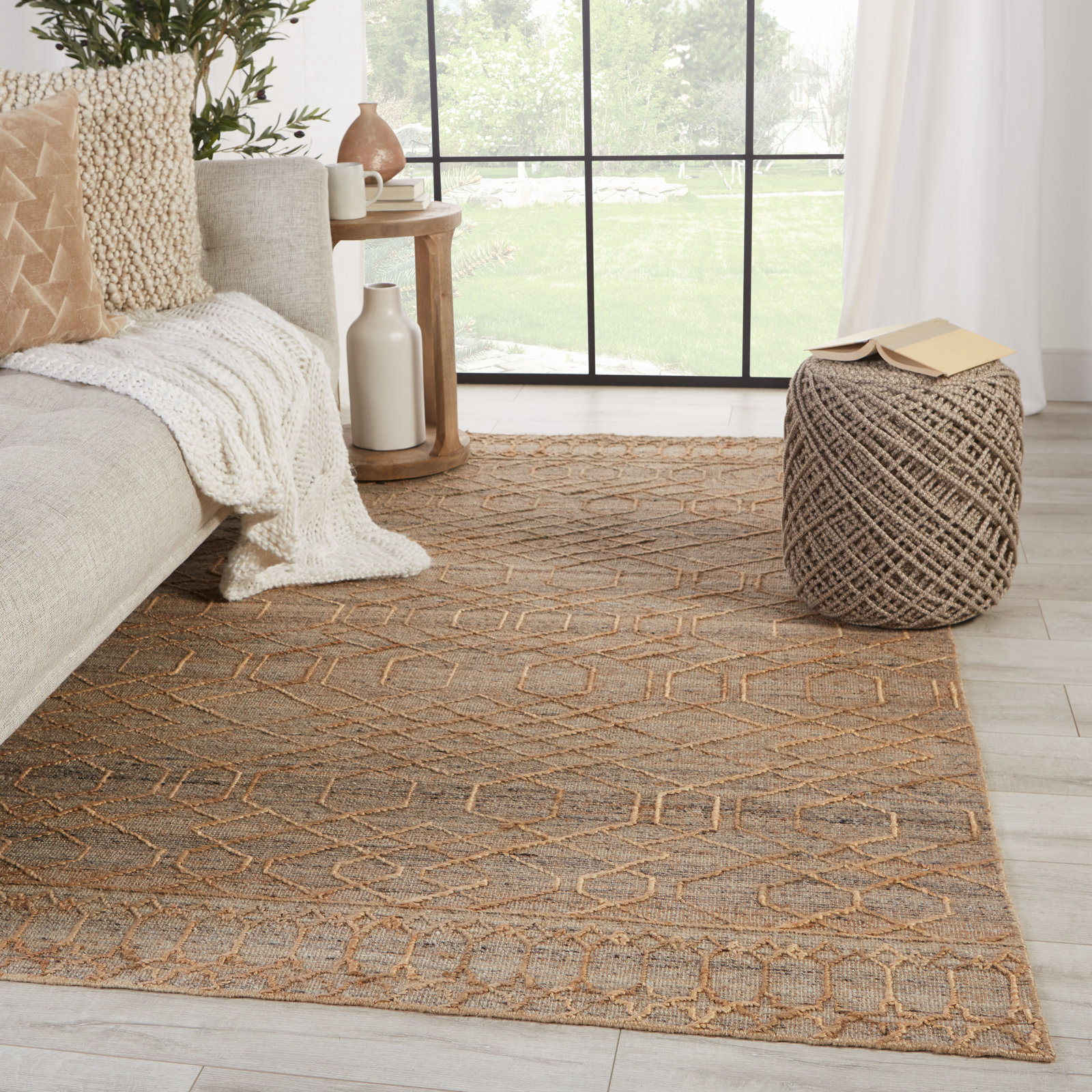 Cecille Beige Oatmeal Hand-Woven Geometric Rug, Rectangle 5' x 8'