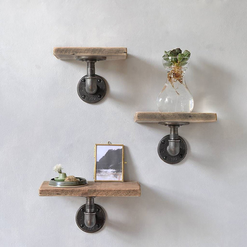 Hargrave Handmade Industrial Pipe Shelf Set (3 Pieces) | 100% Spruce Wood & 100% Metal | Dimensions: 5.5 x 7.9 x 5.5 in, 7.9 x 7.9 x 5.5 in, 9.8 x 7.9 x 5.5 in | Bearing Capacity: 4.3 lbs | Stylish Walnut & Black Finish, Perfect for Home or Office Decor