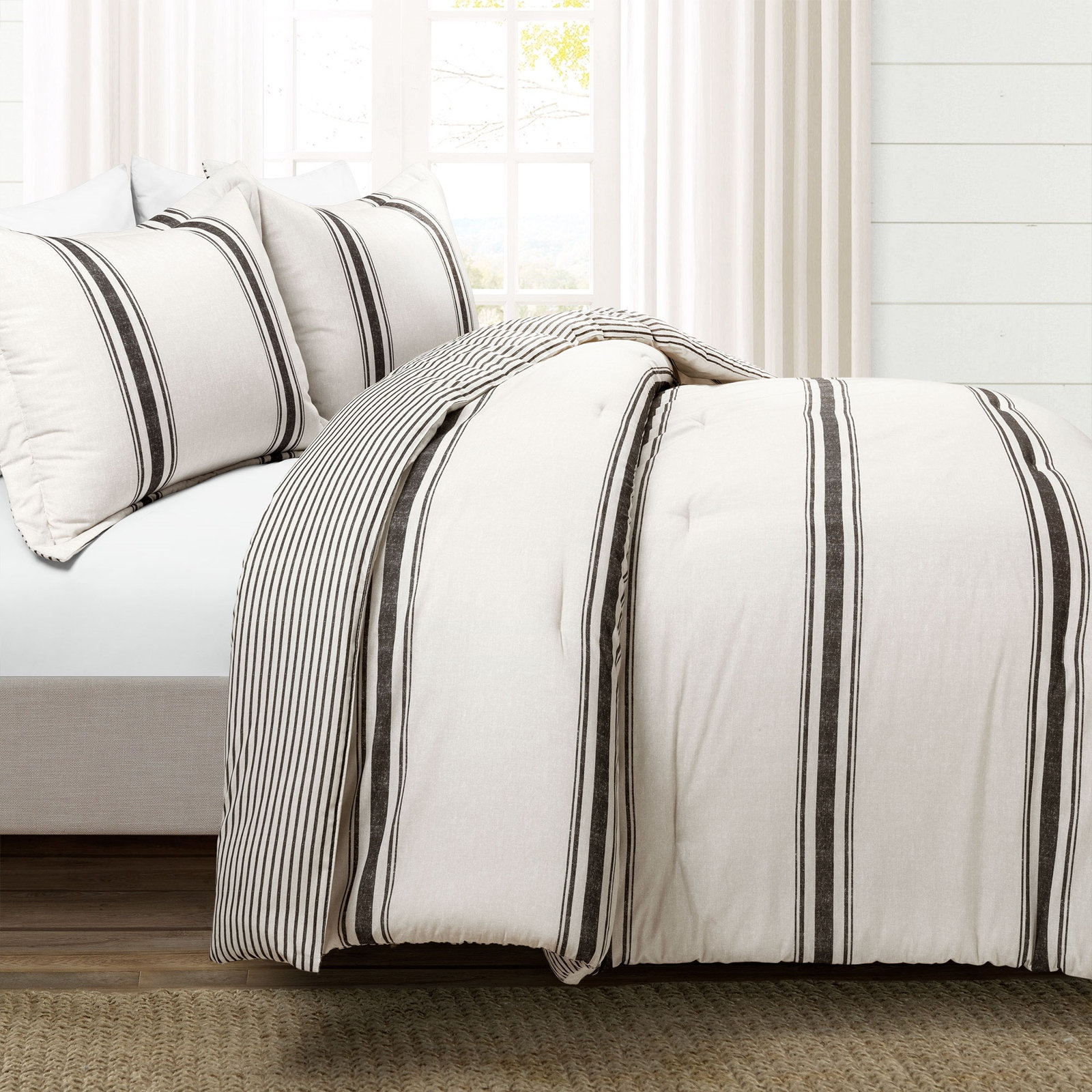 Farmhouse Standard Cotton Reversible Comforter Set, King Comforter + Standard 2 Shams, Black