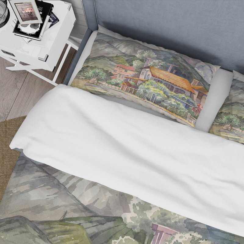 Paysage grec au large de la mer Égée - Ensemble de housse de couette en polyester traditionnel